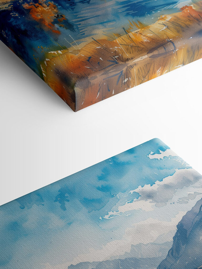 Watercolor painting of a lake surrounded by mountains and clouds