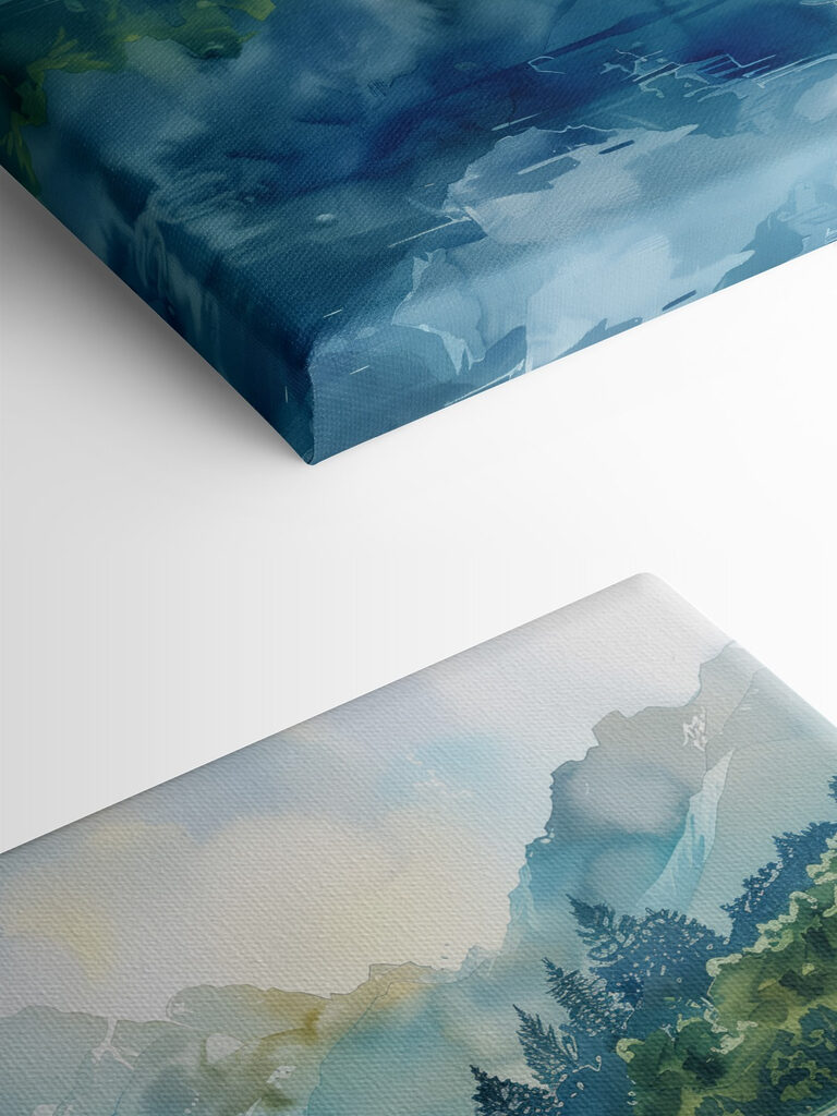 Water painting of a lake with trees and mountains in the background