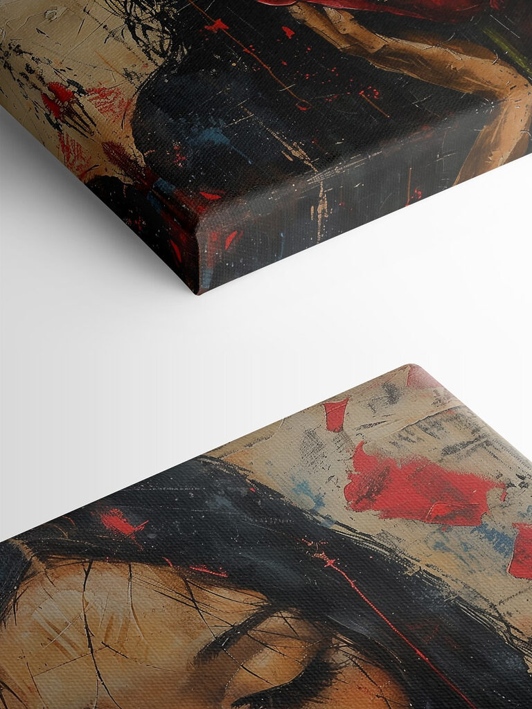 Painting of a woman holding a red rose