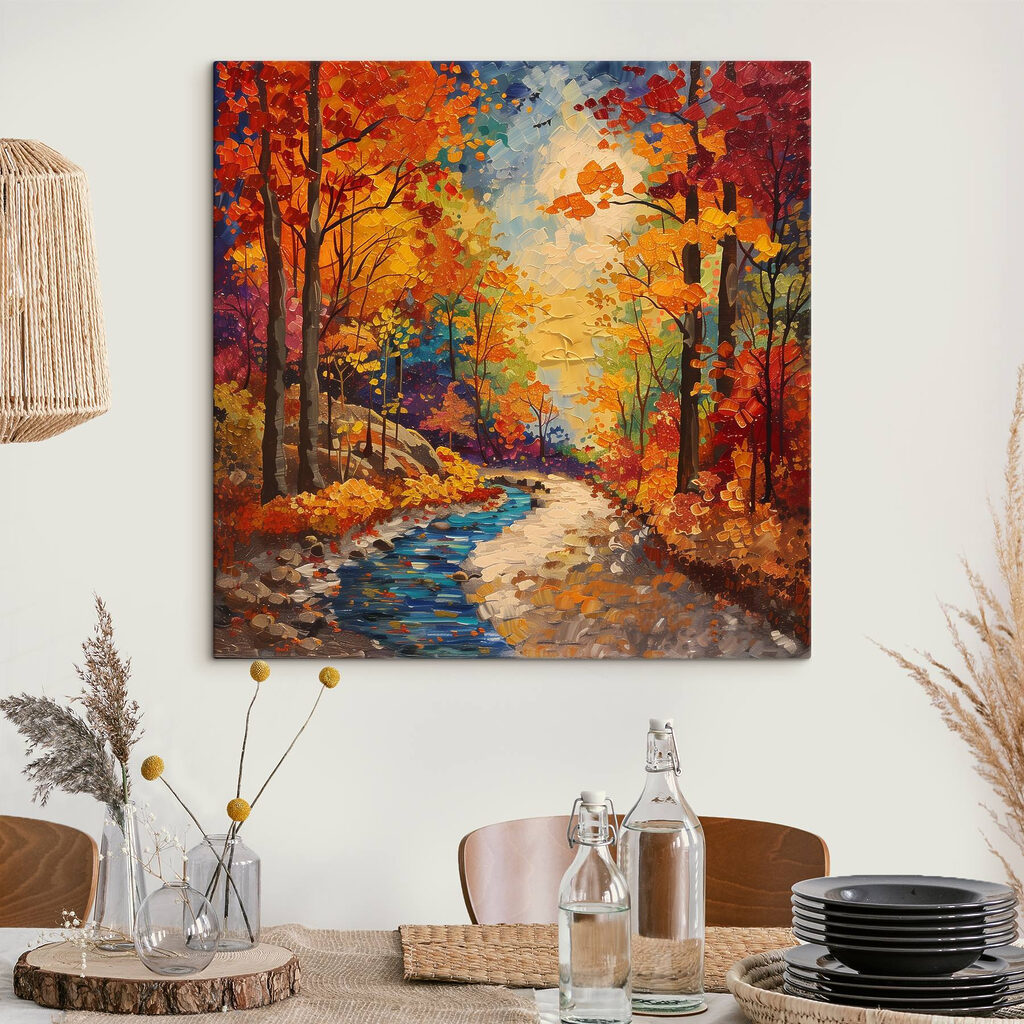 Painting of a river running through a forest Painting of a river running through a forest