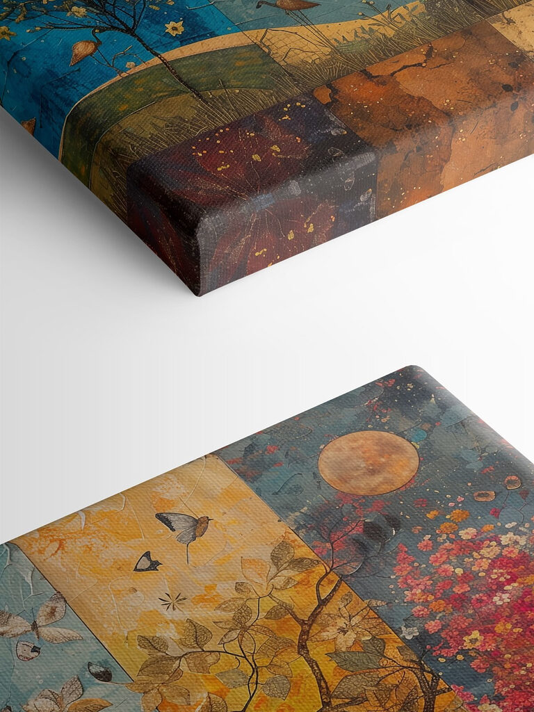 Painting of a tree with different colors of trees and birds