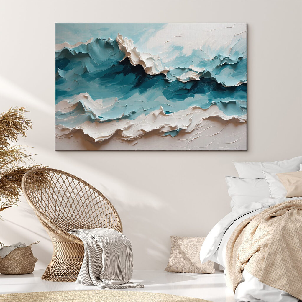 Painting of a mountain with white and blue waves