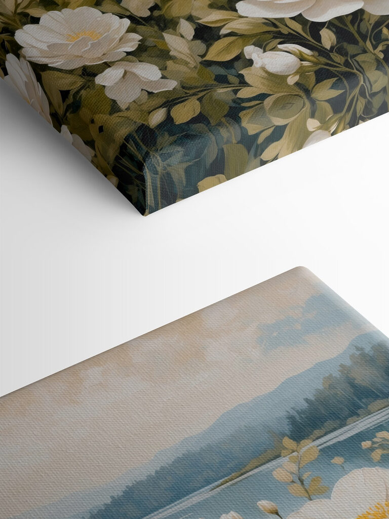 Painting of flowers by a lake