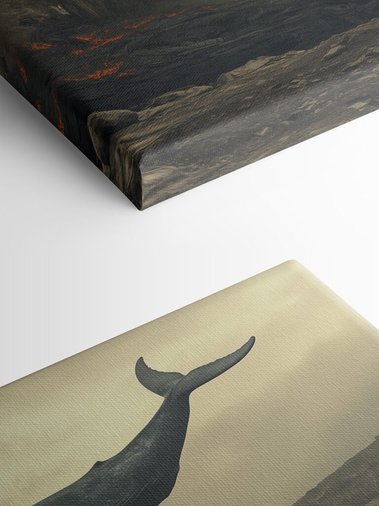 Woman looking at a whale flying over a volcano