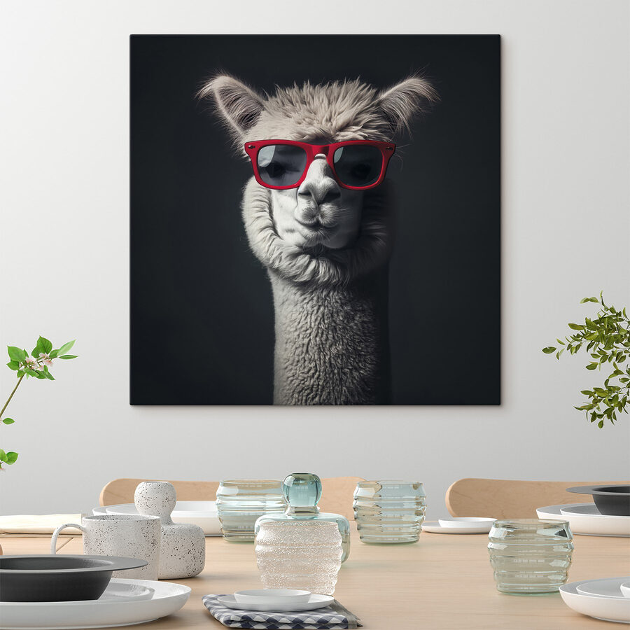 Lama s červenými slunečními brýlemi
