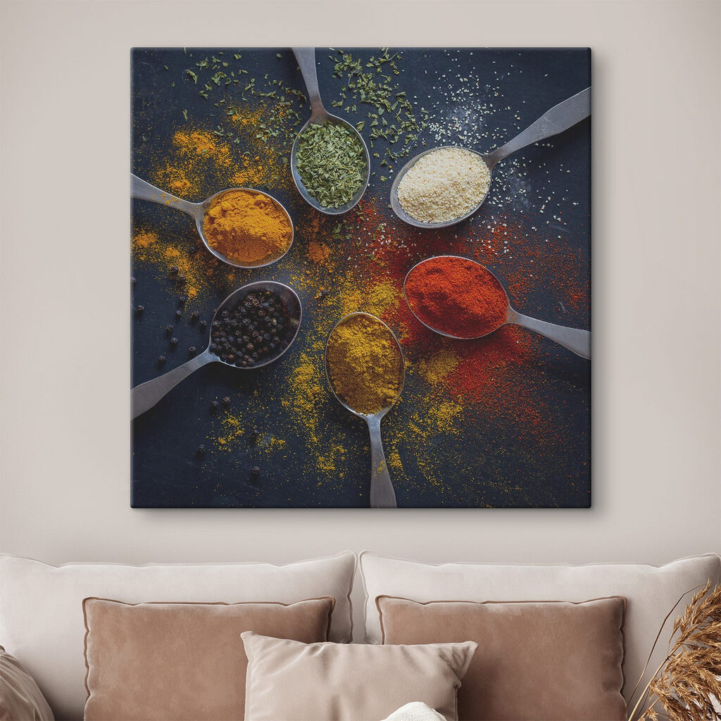 A group of spoons with different spices