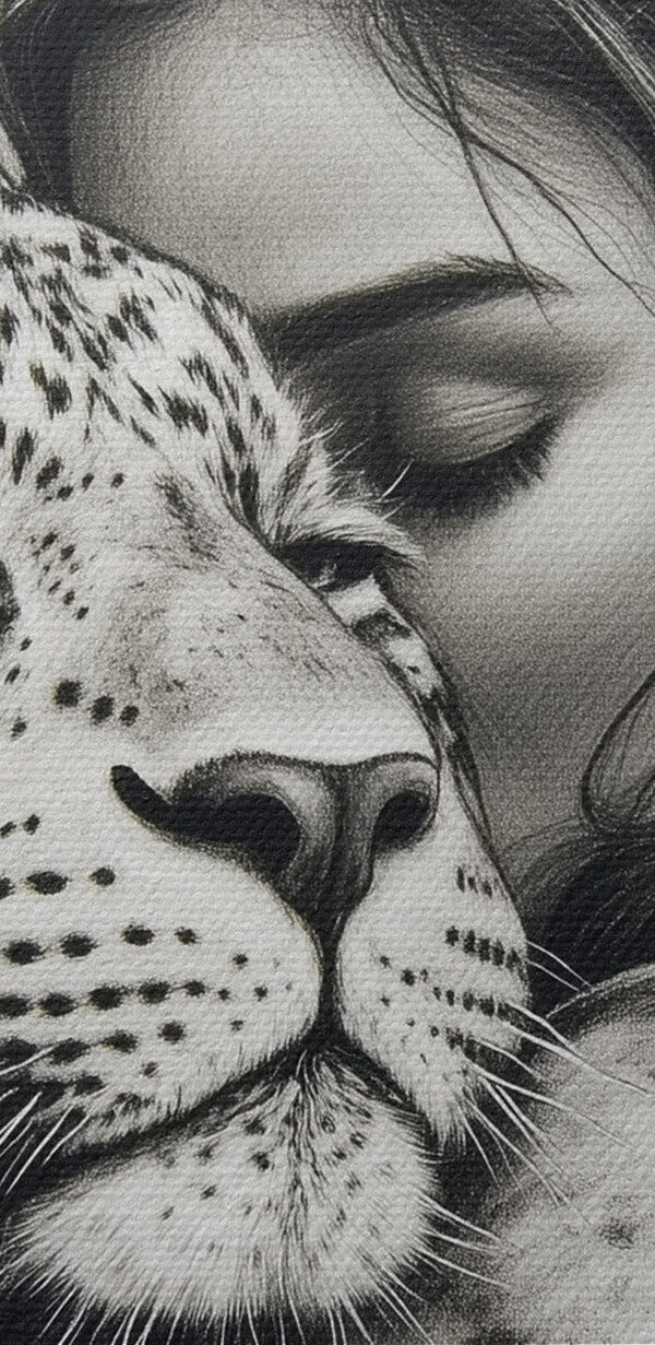Kresba ženy objímající leoparda Kresba ženy objímající leoparda
