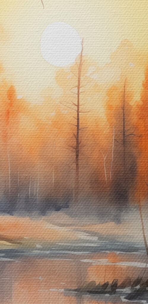 Watercolor painting of a river with trees and plants