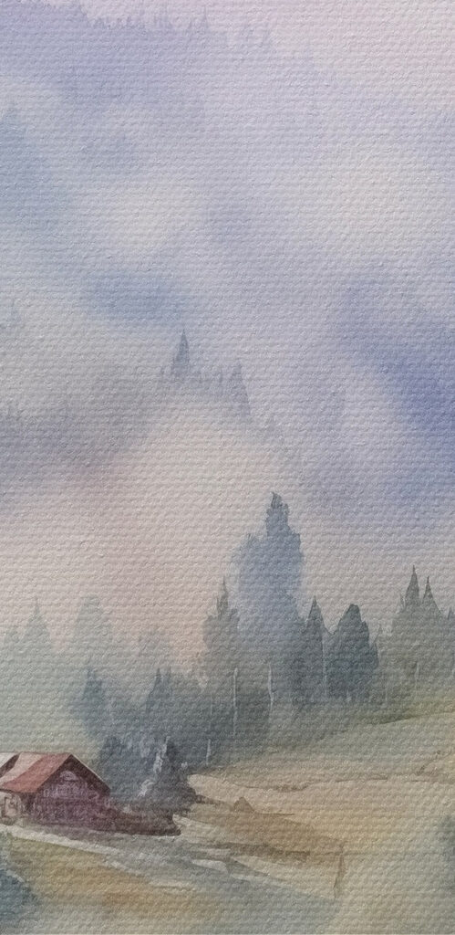 Watercolor painting of a village in the mountains