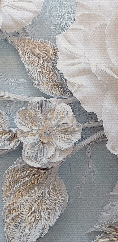 White flowers and leaves on a blue surface