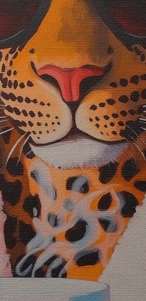 Painting of a leopard wearing a robe and sunglasses holding a cup