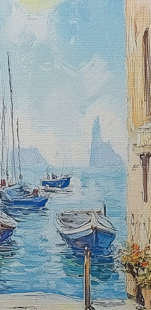 Painting of a street with boats and buildings