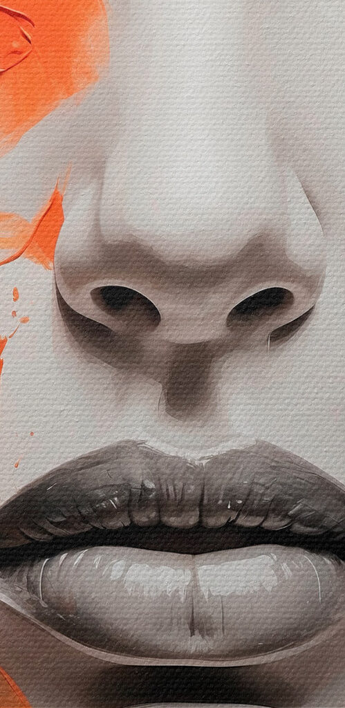 Painting of a woman with orange paint on her face