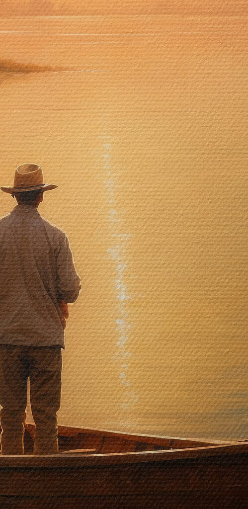 Man standing in a boat on a lake Man standing in a boat on a lake