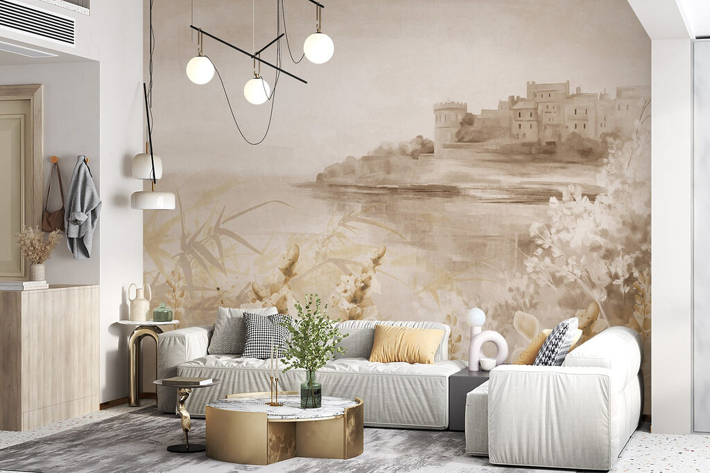 Painting of a castle and a lake