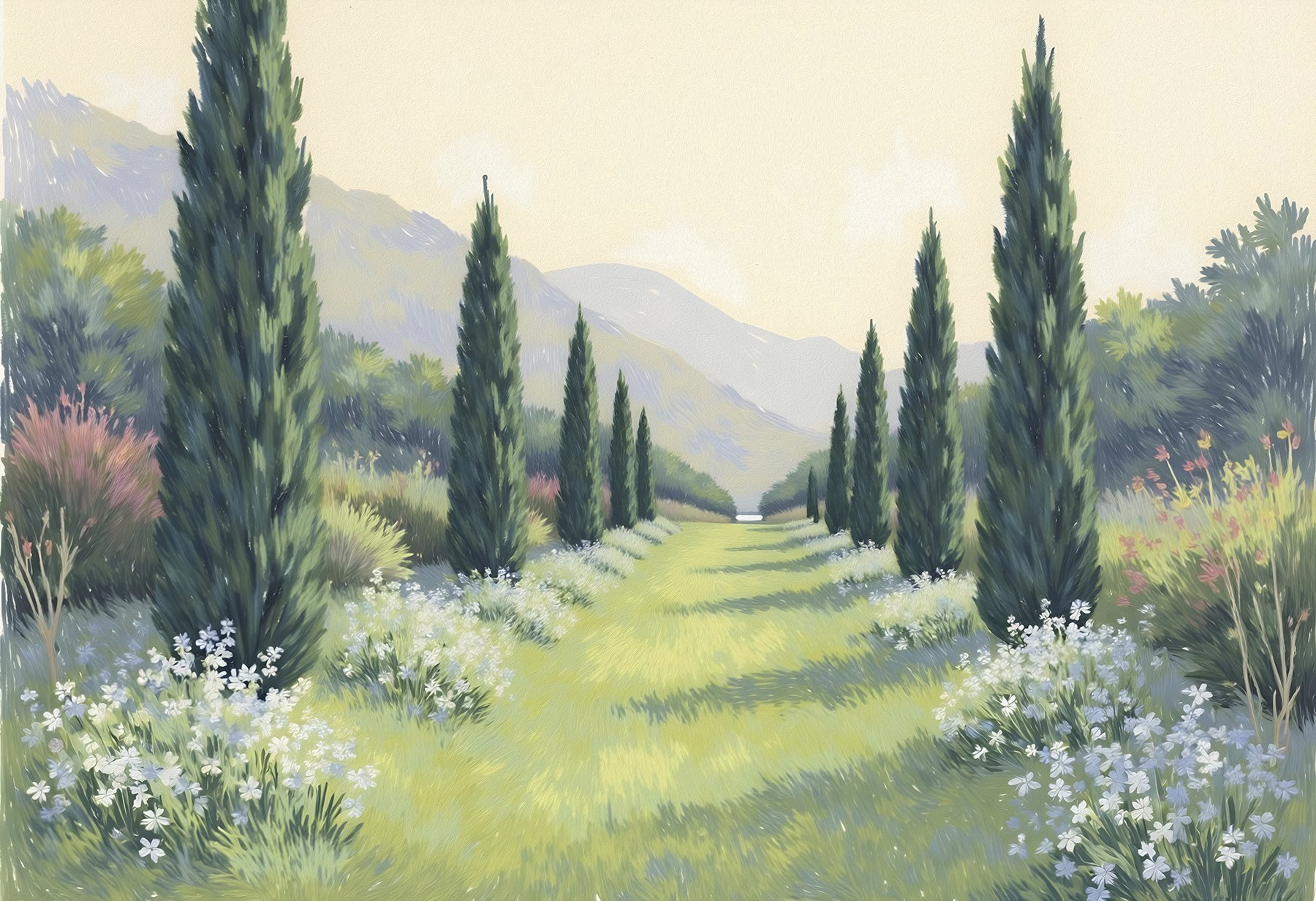 Painting of a landscape with trees and flowers Painting of a landscape with trees and flowers