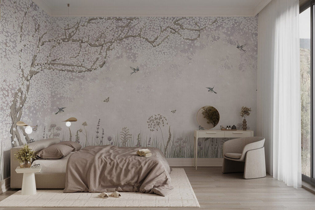 Painting of a garden with flowers and butterflies