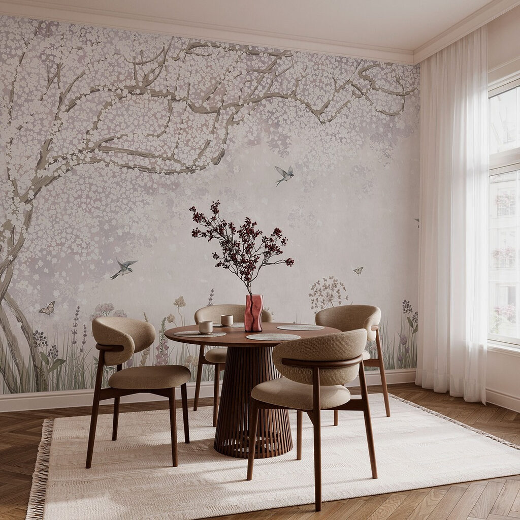 Painting of a garden with flowers and butterflies