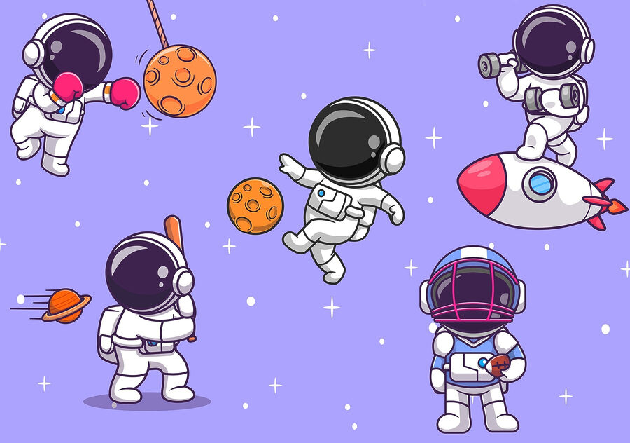 Karikatura astronautů ve vesmíru