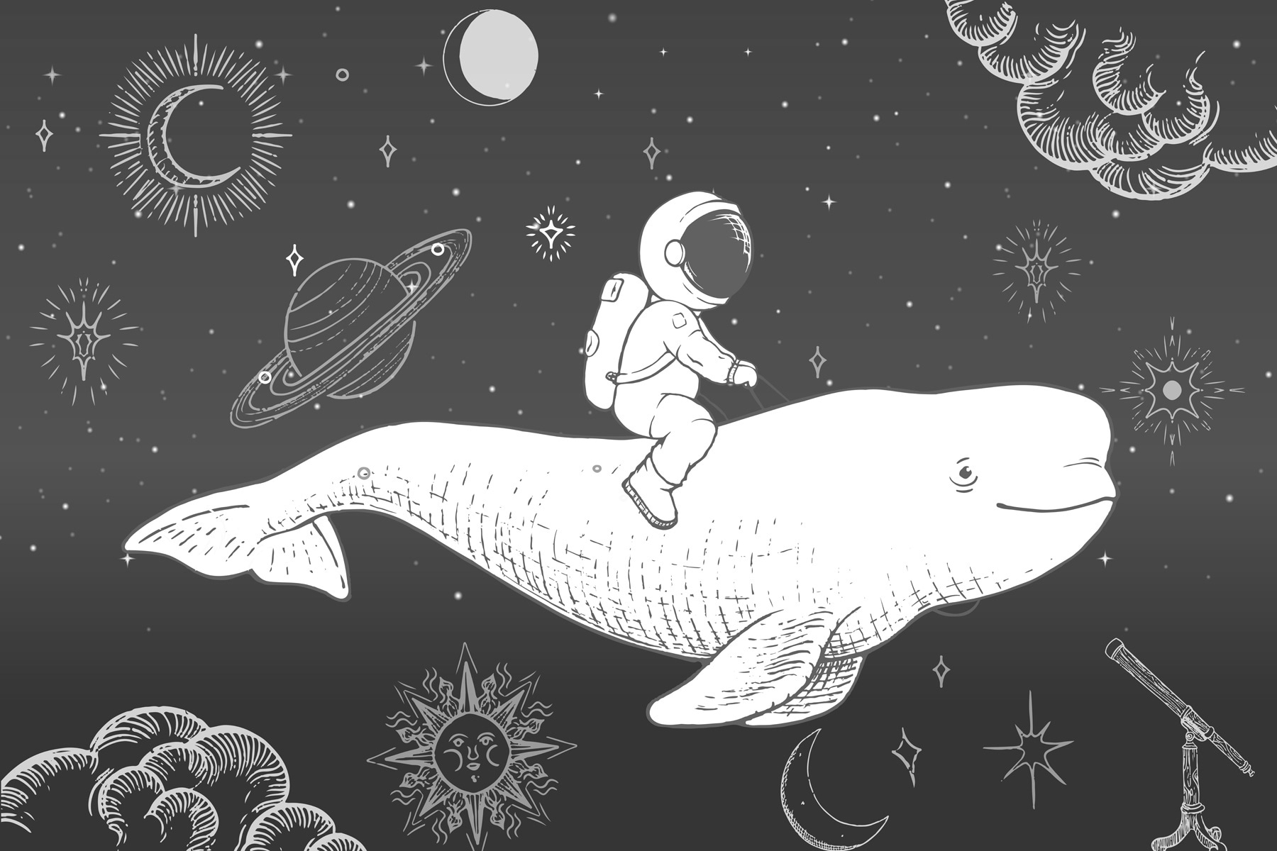 Drawing of a person riding a whale