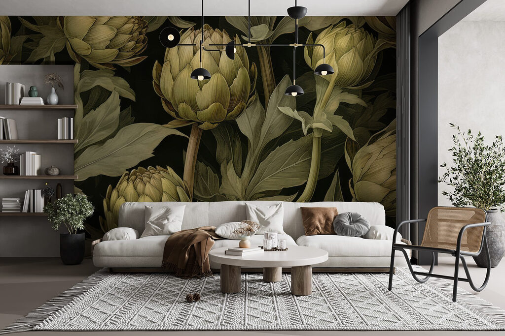 Artichokes with leaves and stems on a black background