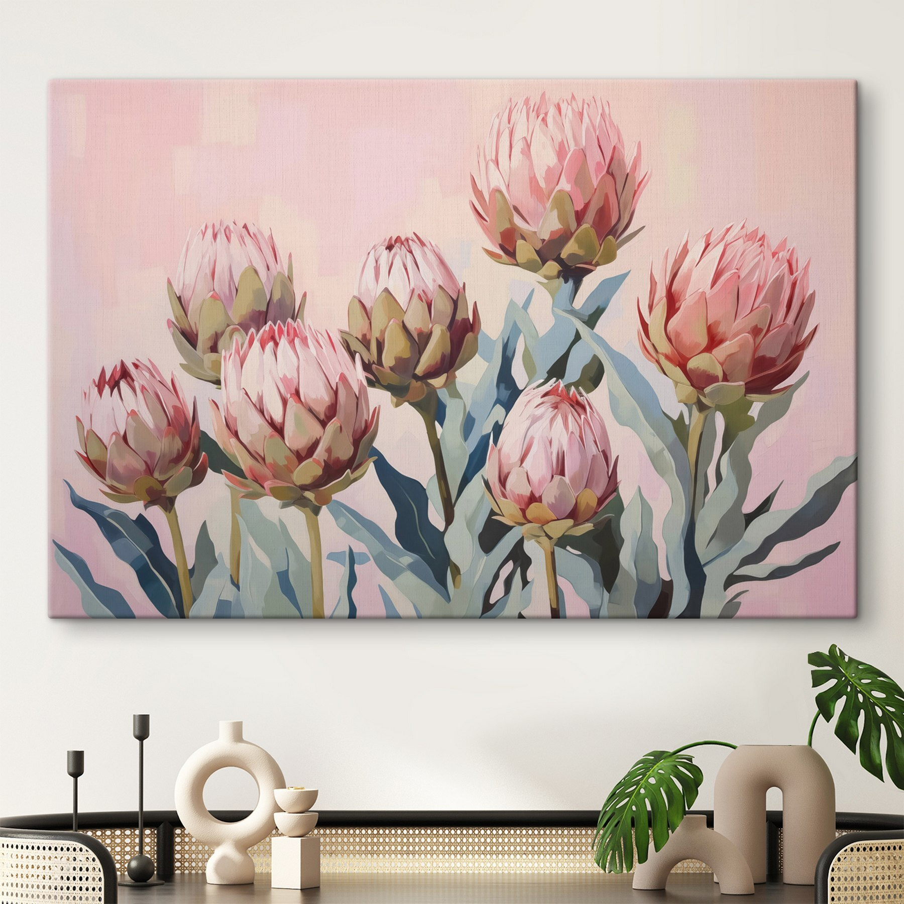 Painting of flowers on a pink background