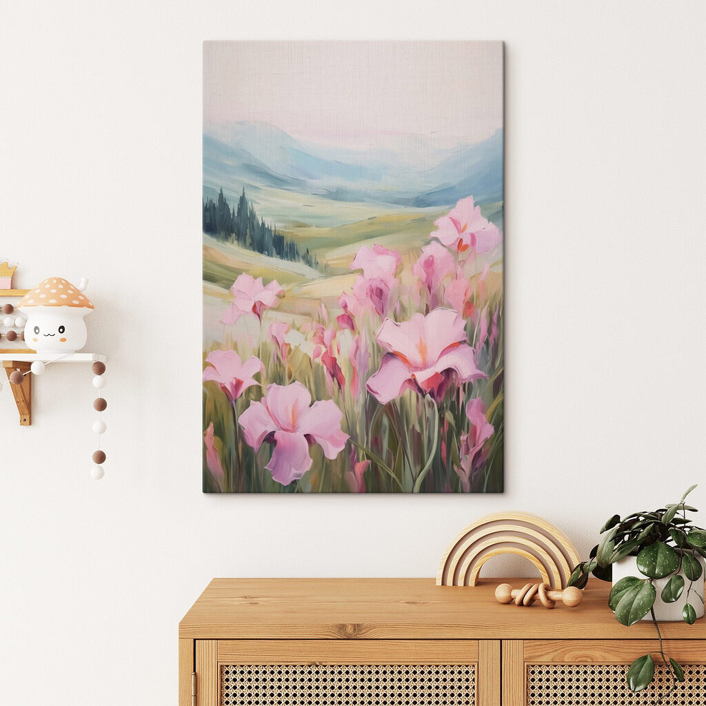 Painting of pink flowers in a field