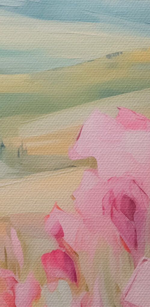 Painting of pink flowers in a field