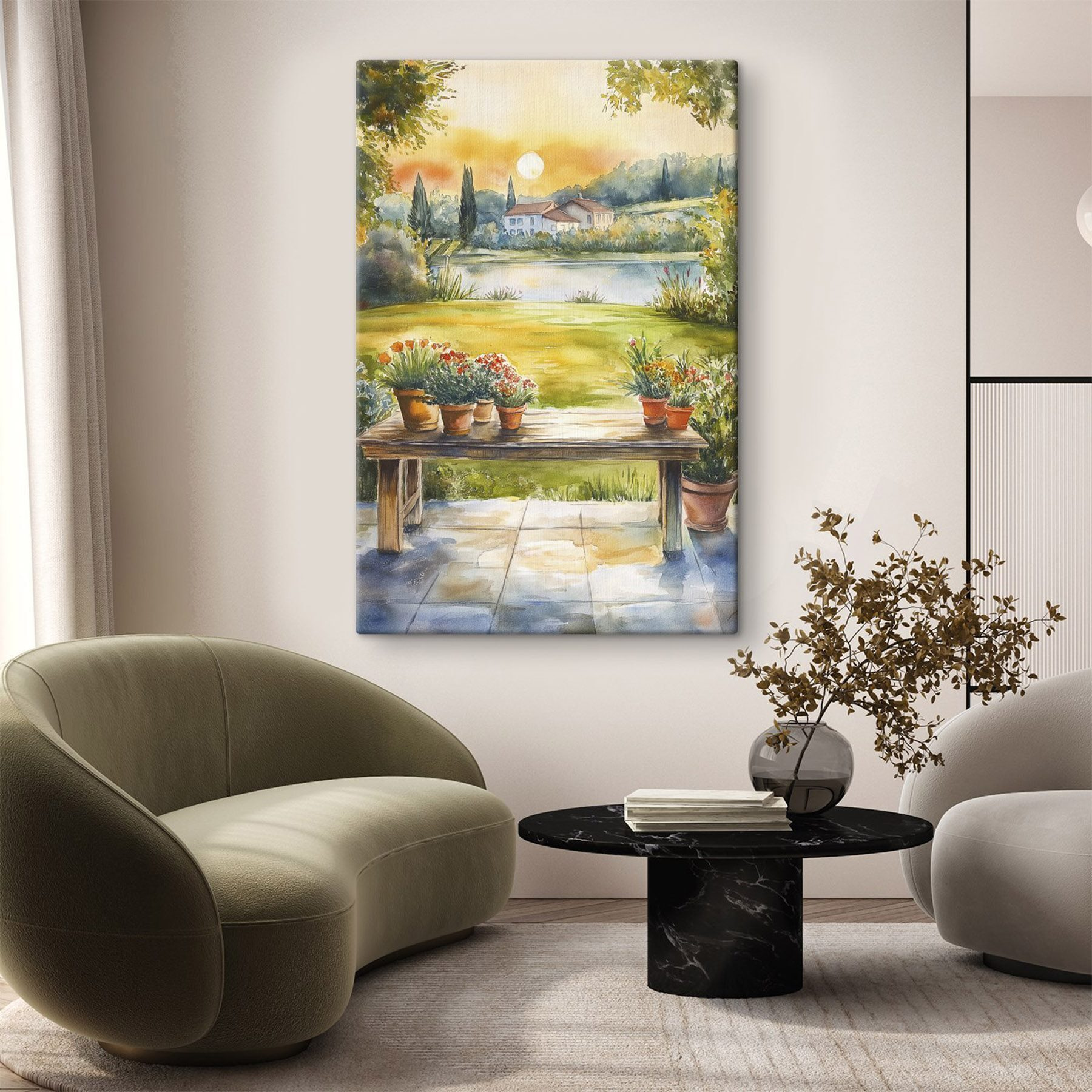 Watercolor painting of a table with potted plants on it