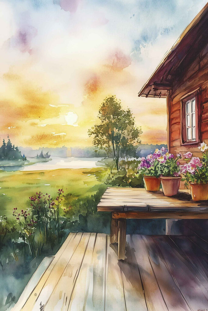 Watercolor painting of a house with flowers on a table