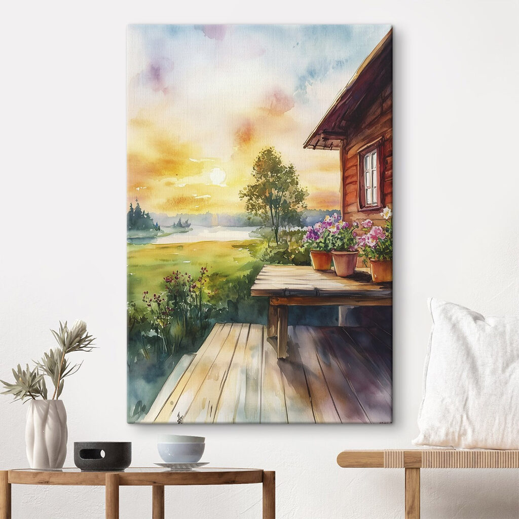 Watercolor painting of a house with flowers on a table