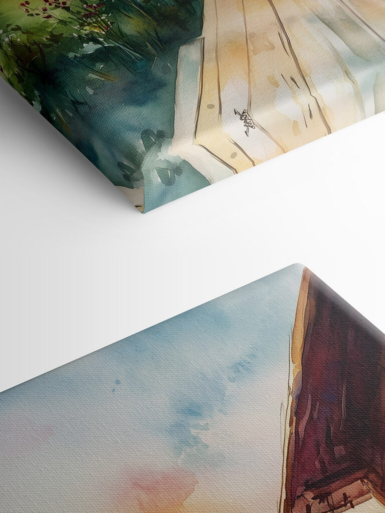 Watercolor painting of a house with flowers on a table