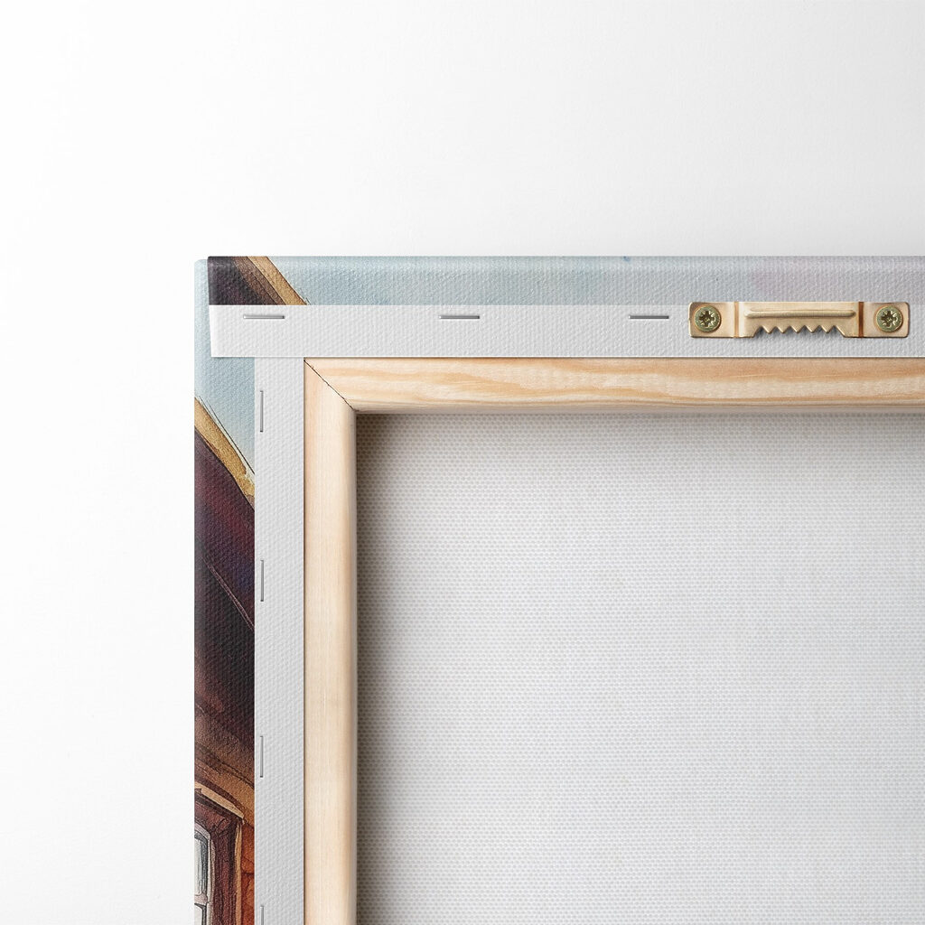 Watercolor painting of a house with flowers on a table