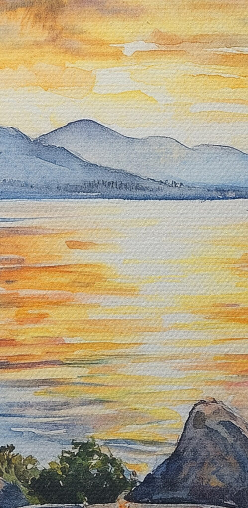 Watercolor painting of chairs around a fire pit overlooking a lake