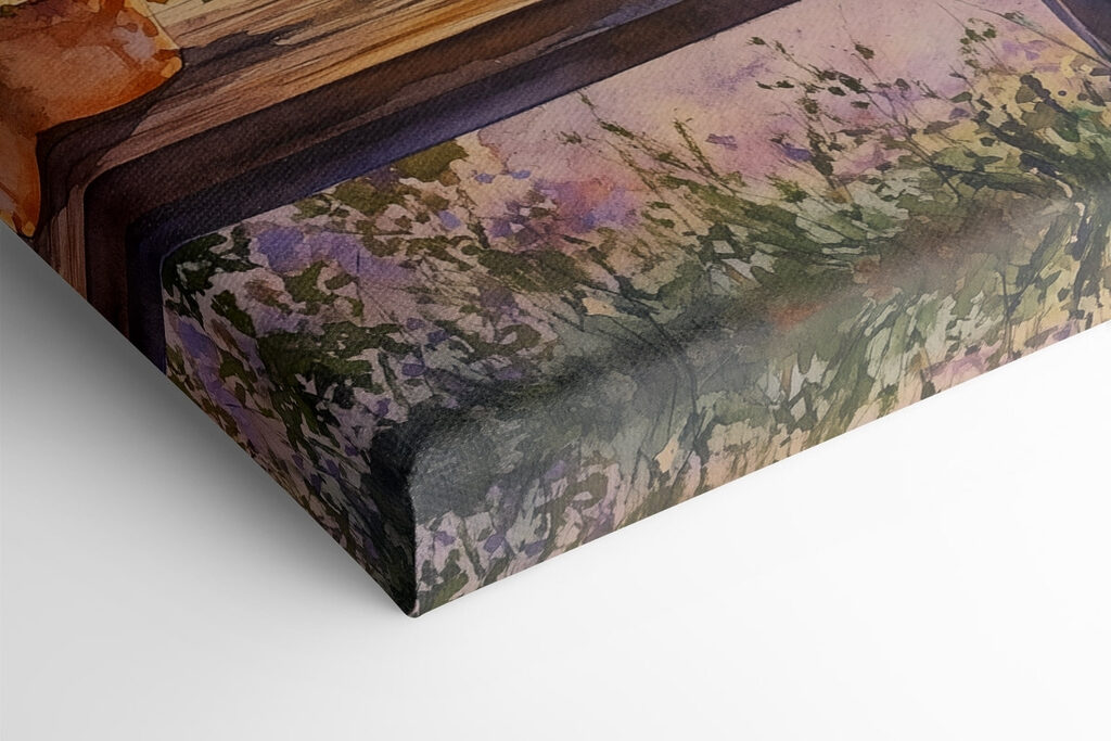 Watercolor painting of a porch with potted flowers on a table Watercolor painting of a porch with potted flowers on a table