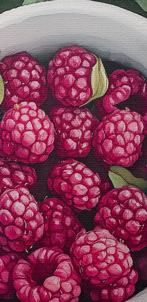 Cup of raspberries on leaves