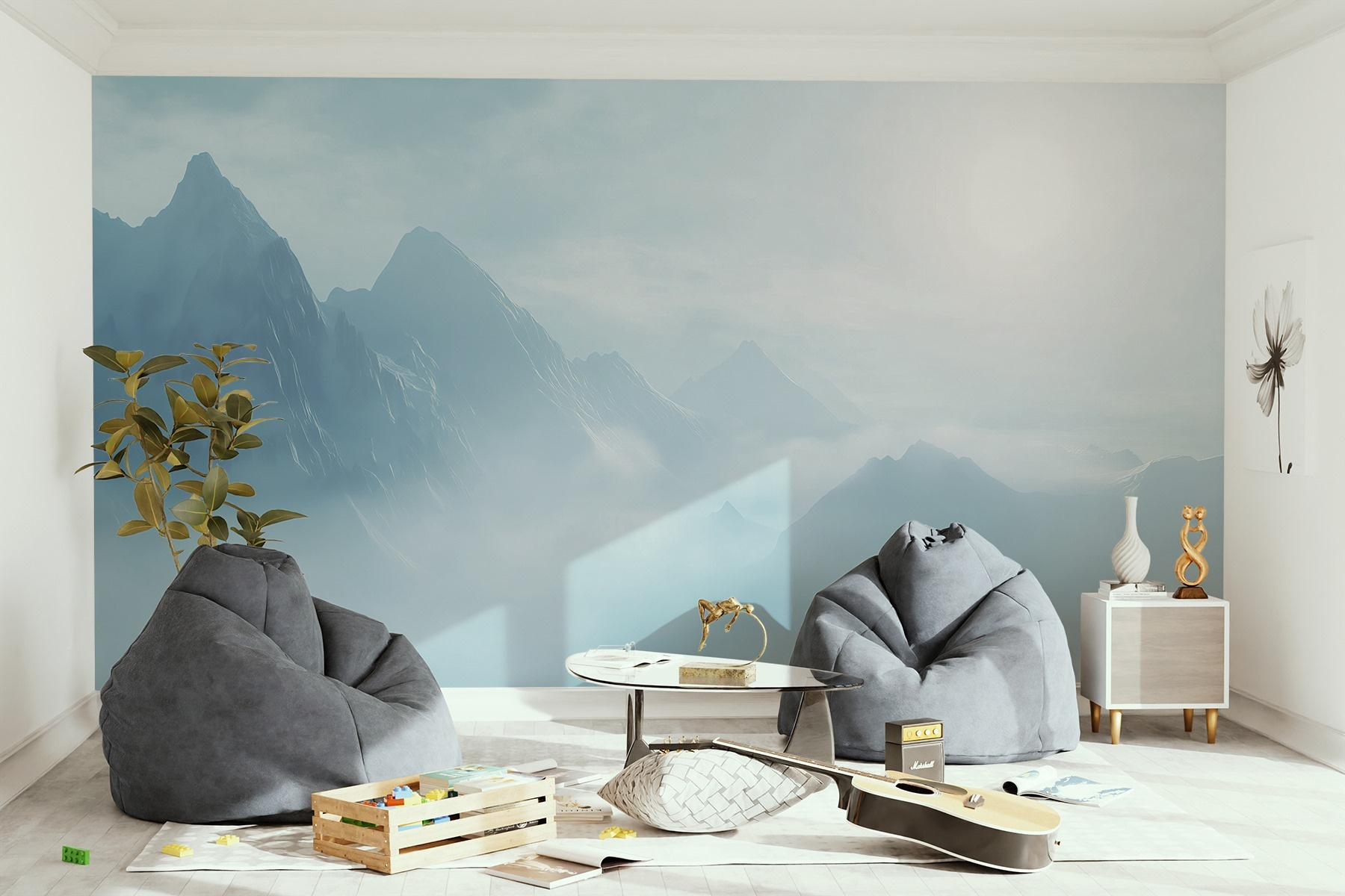 Mountain range with clouds and the sun