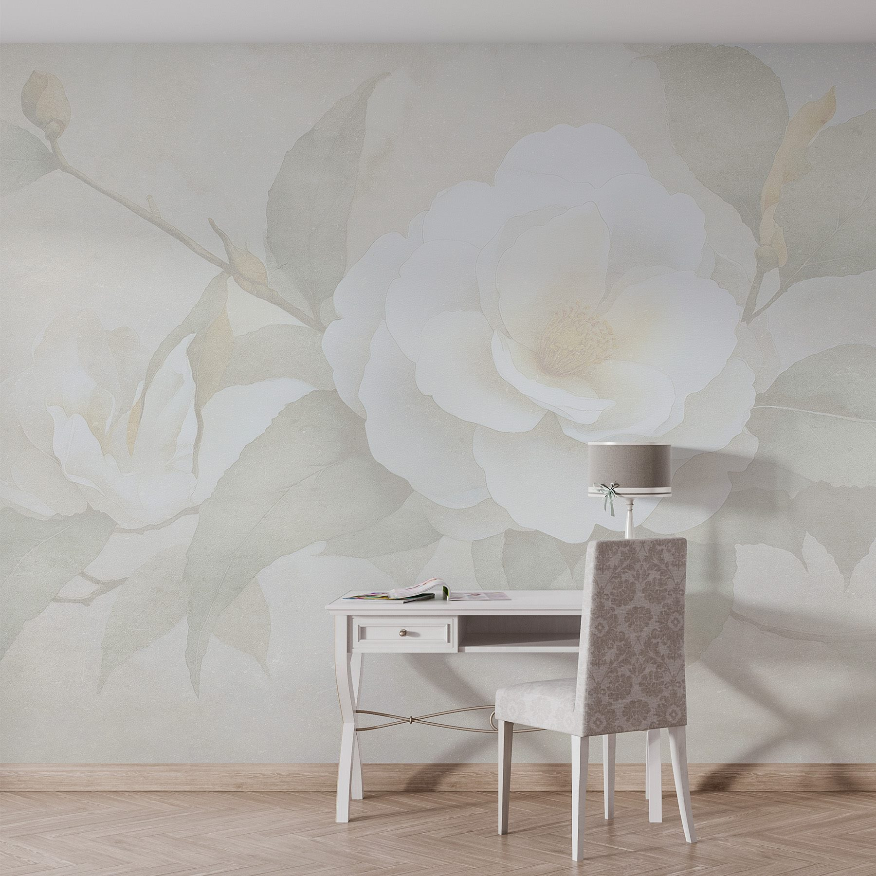 White flower with green leaves