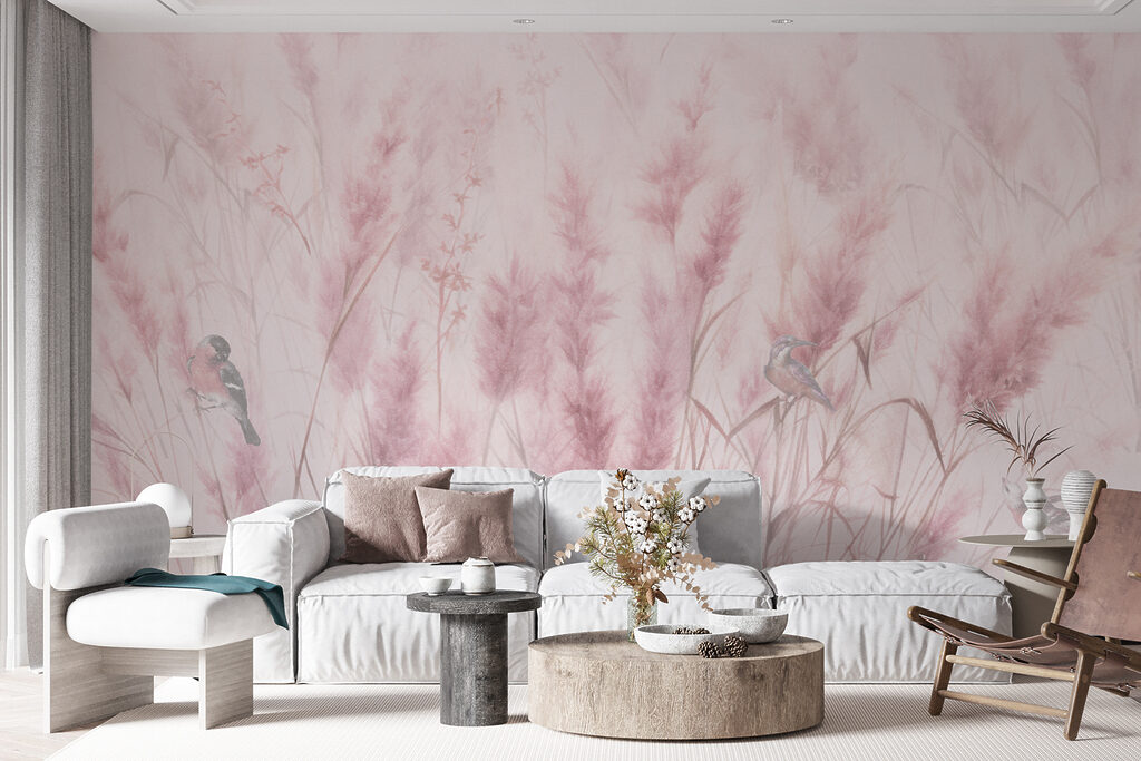 A group of birds in a field of pink grass