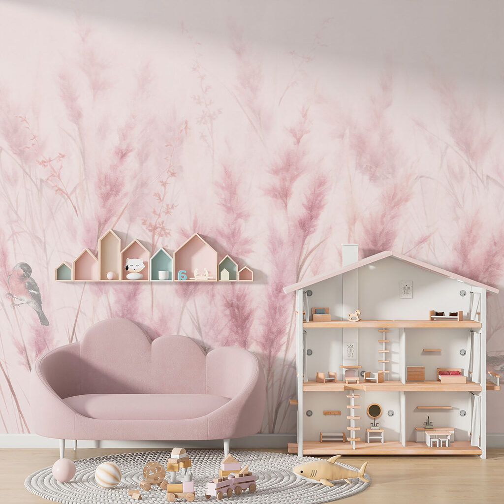 A group of birds in a field of pink grass