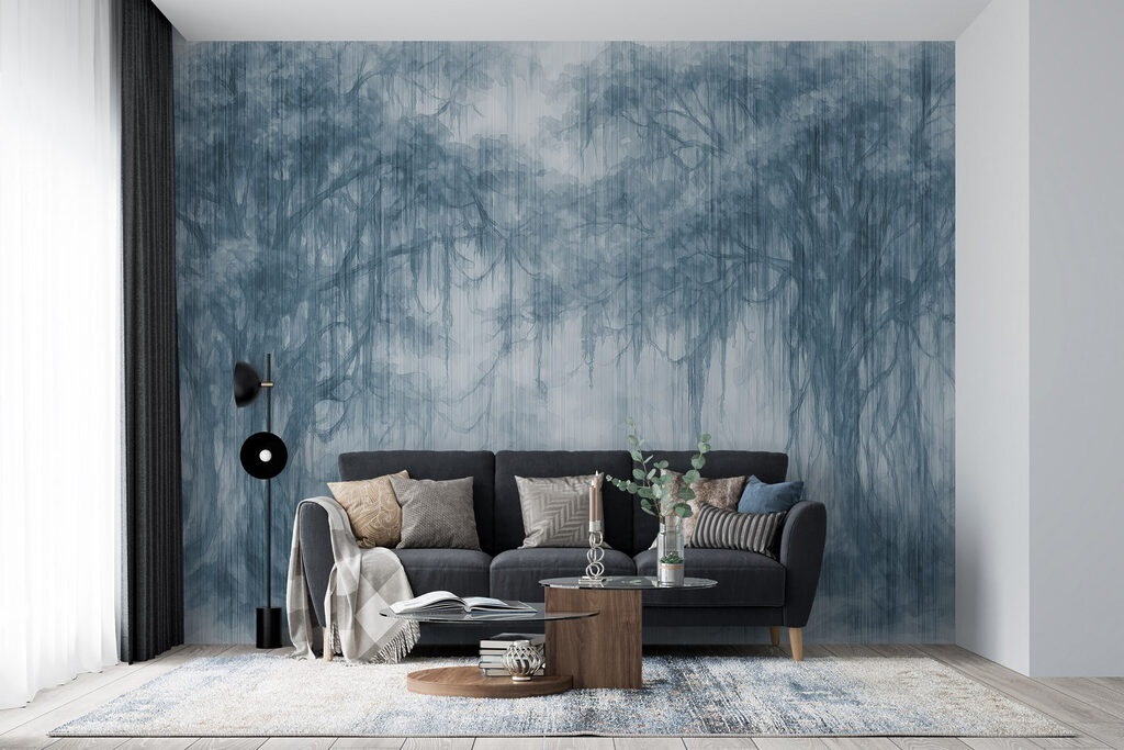 Group of trees in a foggy forest