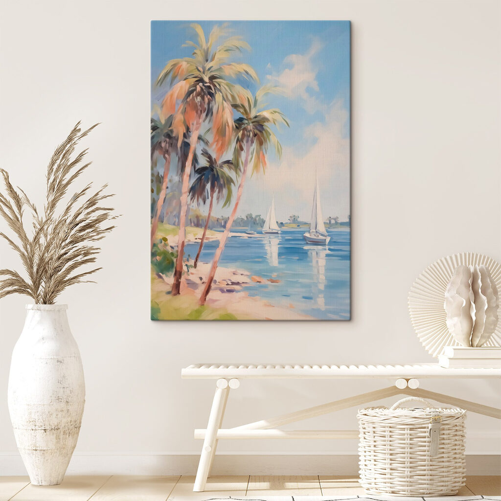 Painting of a beach with palm trees and boats
