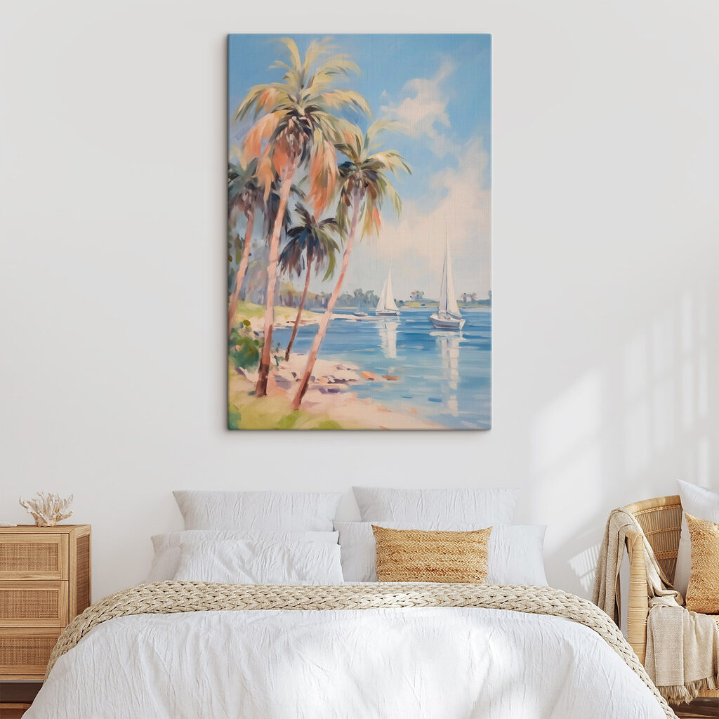 Painting of a beach with palm trees and boats