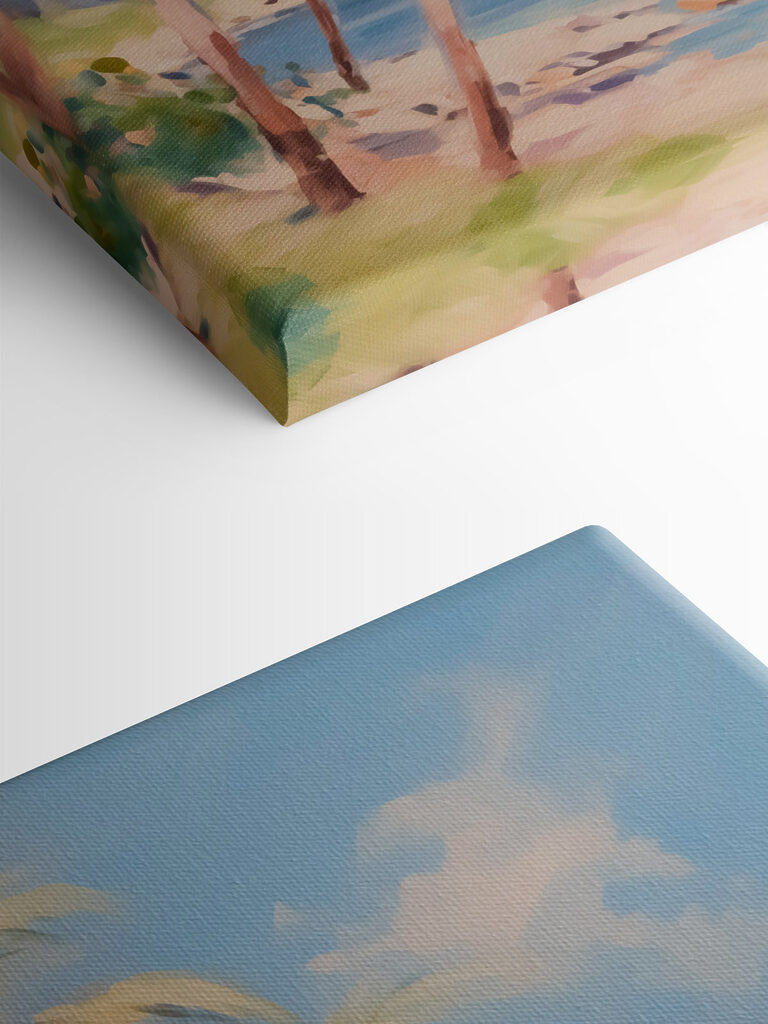 Painting of a beach with palm trees and boats