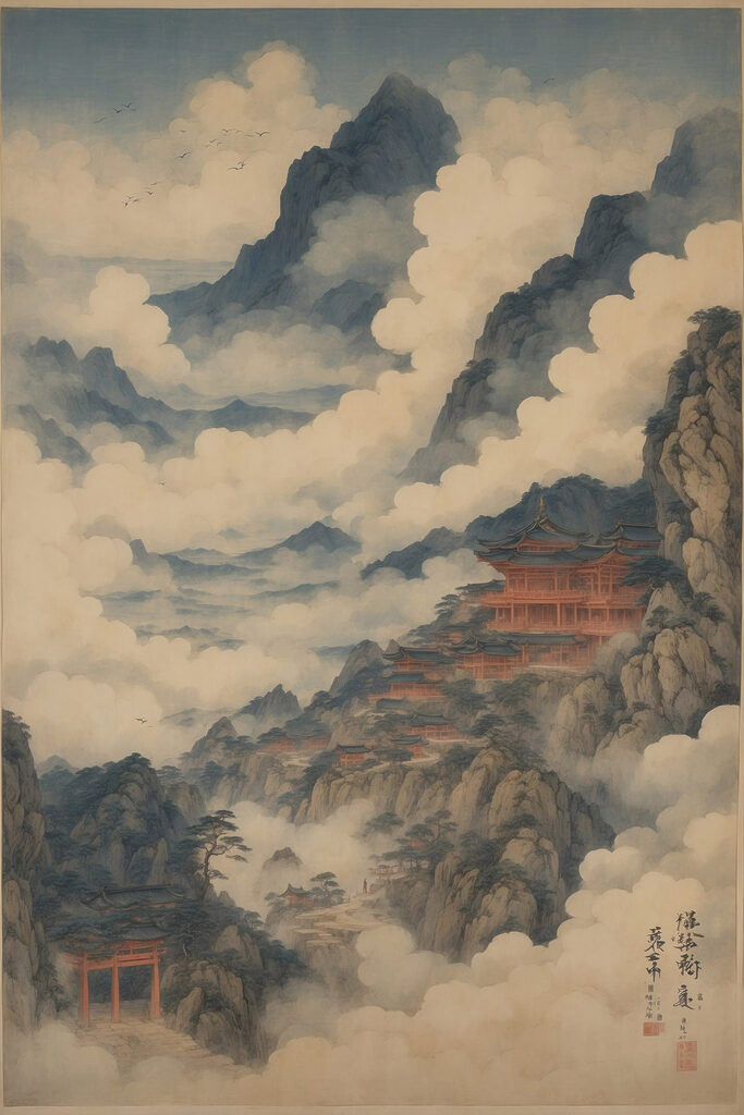Painting of a temple on a mountain Painting of a temple on a mountain