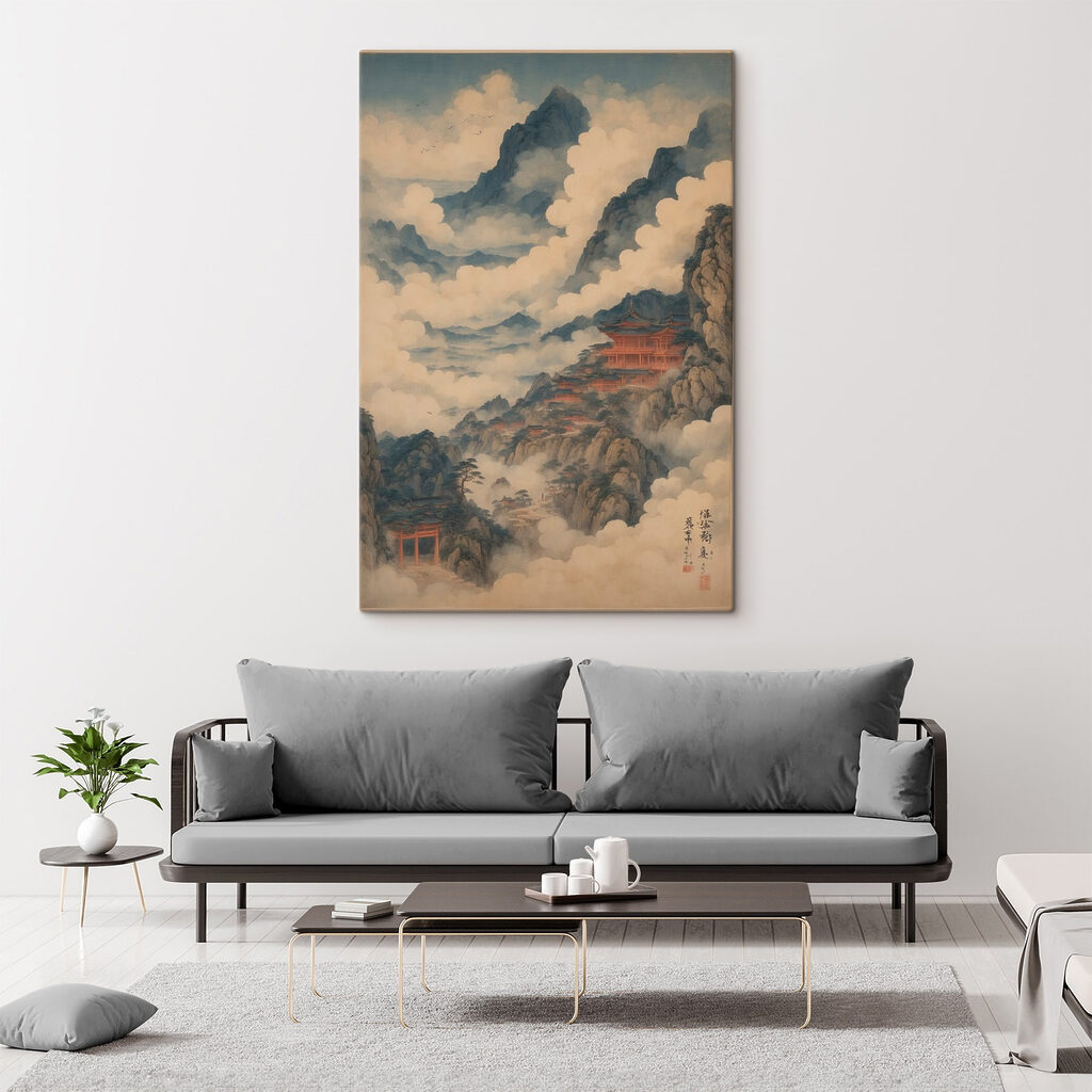 Painting of a temple on a mountain Painting of a temple on a mountain