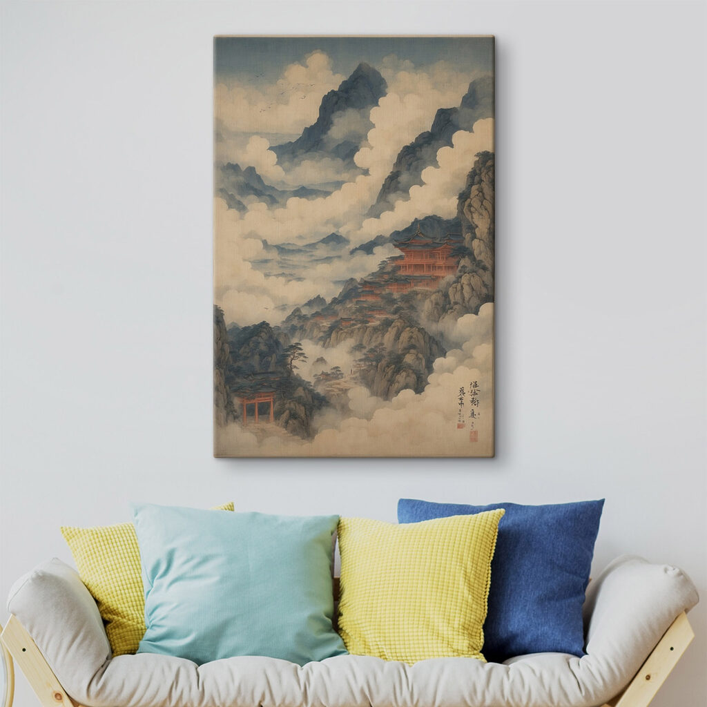 Painting of a temple on a mountain Painting of a temple on a mountain