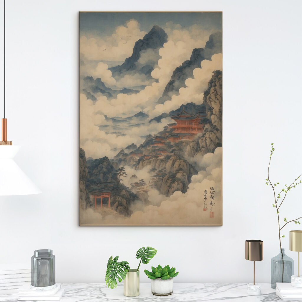 Painting of a temple on a mountain Painting of a temple on a mountain