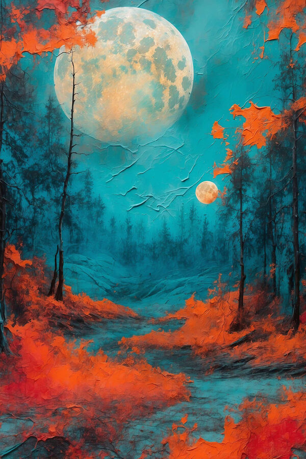 Painting of a forest with orange leaves and a full moon
