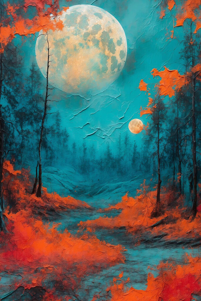Painting of a forest with orange leaves and a full moon